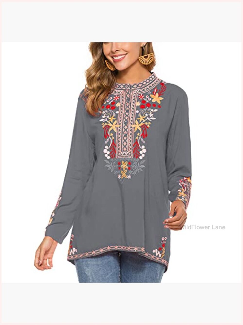 Boho Embroidered Long Sleeve Tunic Blouse Women Peasant Top - Picture 3 of 6